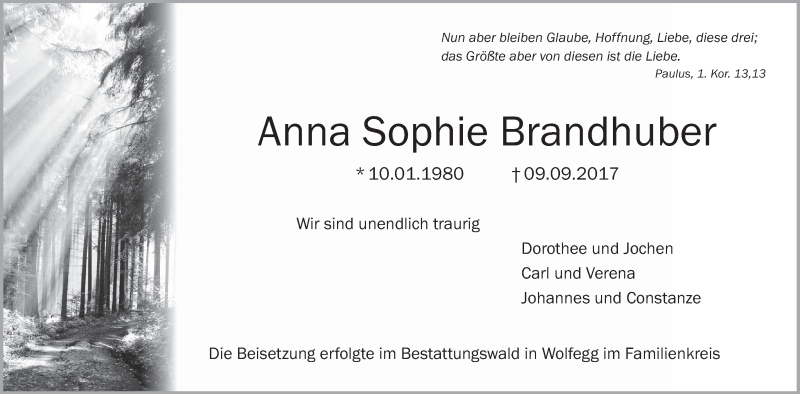  Traueranzeige für Anna Sophie Brandhuber vom 18.09.2017 aus Schwäbische Zeitung