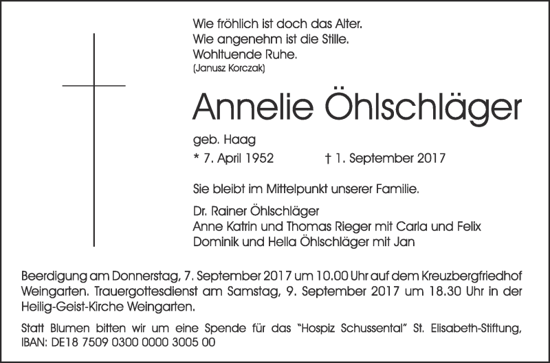  Traueranzeige für Annelie Öhlschläger vom 04.09.2017 aus Schwäbische Zeitung