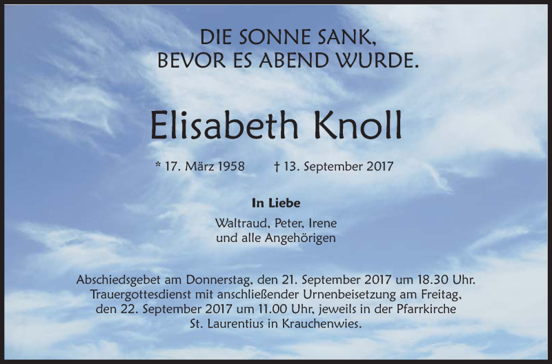  Traueranzeige für Elisabeth Knoll vom 19.09.2017 aus Schwäbische Zeitung