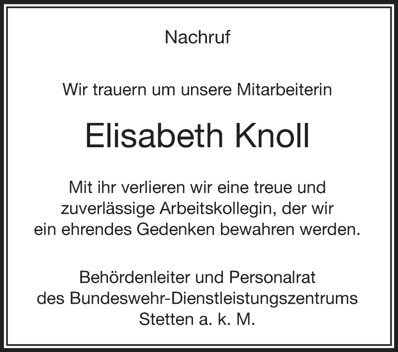  Traueranzeige für Elisabeth Knoll vom 21.09.2017 aus Schwäbische Zeitung