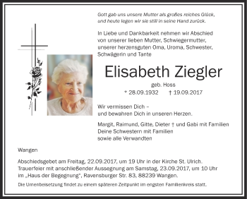 Traueranzeigen von Elisabeth Ziegler | schwaebische.de Trauerportal