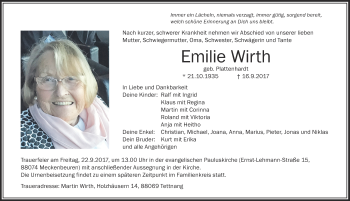 Anzeige von Emilie Wirth von Schwäbische Zeitung