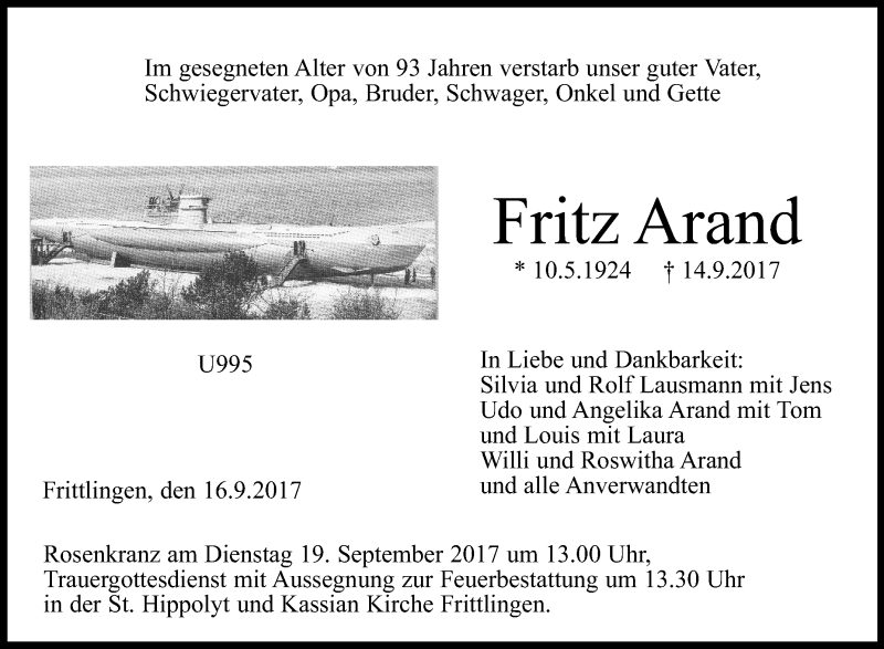  Traueranzeige für Fritz Arand vom 16.09.2017 aus Schwäbische Zeitung