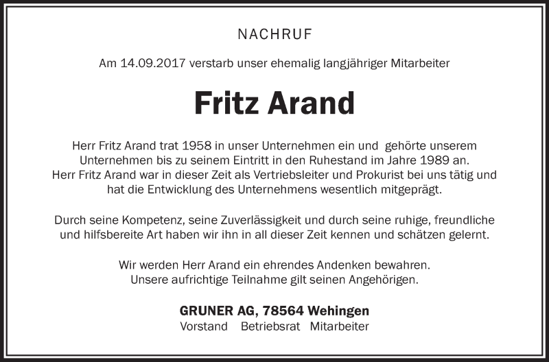  Traueranzeige für Fritz Arand vom 19.09.2017 aus Schwäbische Zeitung
