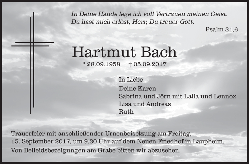  Traueranzeige für Hartmut Bach vom 12.09.2017 aus Schwäbische Zeitung
