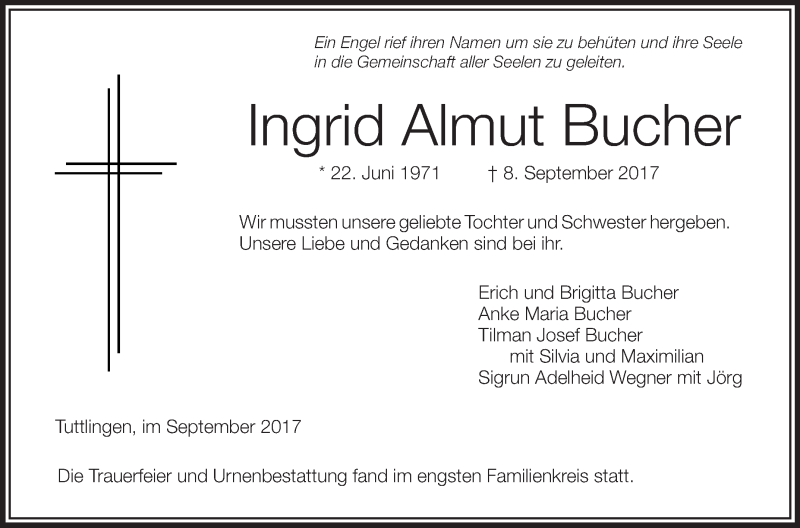  Traueranzeige für Ingrid Almut Bucher vom 23.09.2017 aus Schwäbische Zeitung
