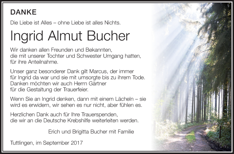  Traueranzeige für Ingrid Almut Bucher vom 30.09.2017 aus Schwäbische Zeitung