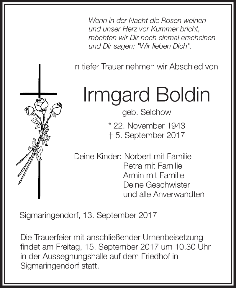  Traueranzeige für Irmgard Boldin vom 13.09.2017 aus Schwäbische Zeitung