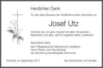 Anzeige von Josef Utz von Schwäbische Zeitung