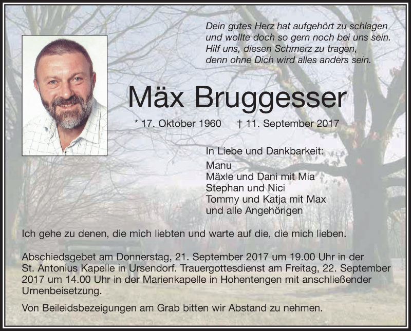  Traueranzeige für Max Bruggesser vom 19.09.2017 aus Schwäbische Zeitung