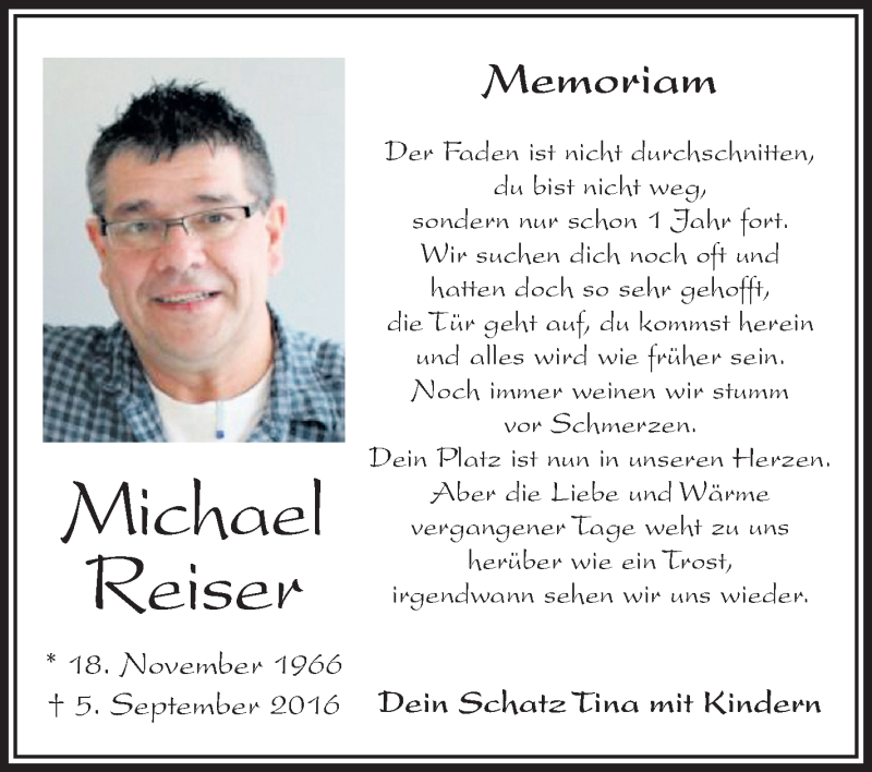  Traueranzeige für Michael Reiser vom 05.09.2017 aus Schwäbische Zeitung