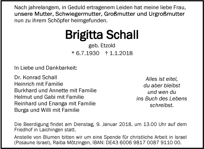 Traueranzeigen Von Brigitta Schall Schwaebische De Trauerportal