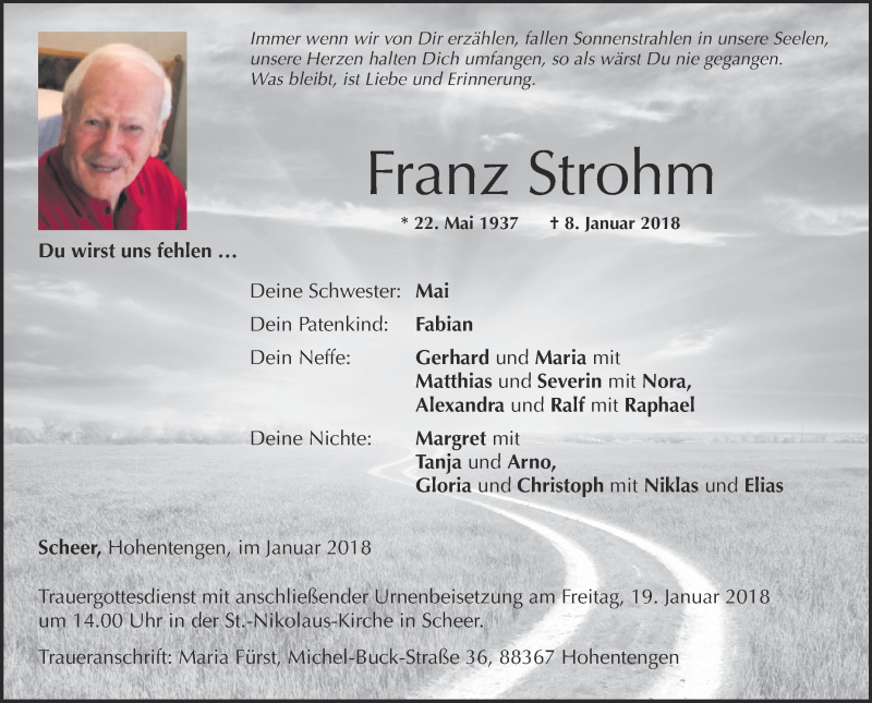  Traueranzeige für Franz Strohm vom 17.01.2018 aus Schwäbische Zeitung