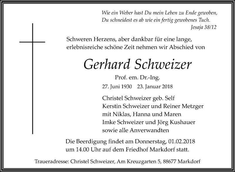 Traueranzeigen Von Gerhard Schweizer Schwaebische De Trauerportal My