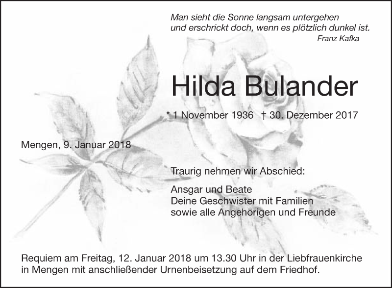  Traueranzeige für Hilda Bulander vom 09.01.2018 aus Schwäbische Zeitung