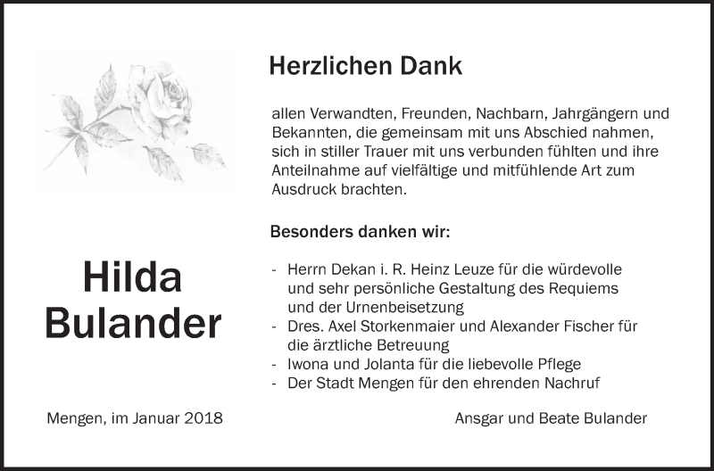  Traueranzeige für Hilda Bulander vom 27.01.2018 aus Schwäbische Zeitung