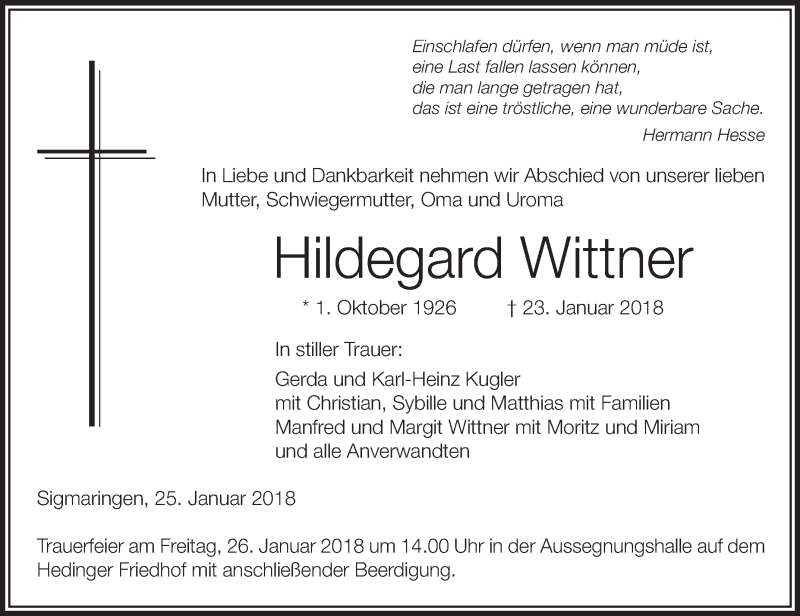 Traueranzeigen Von Hildegard Wittner Schwaebische De Trauerportal My