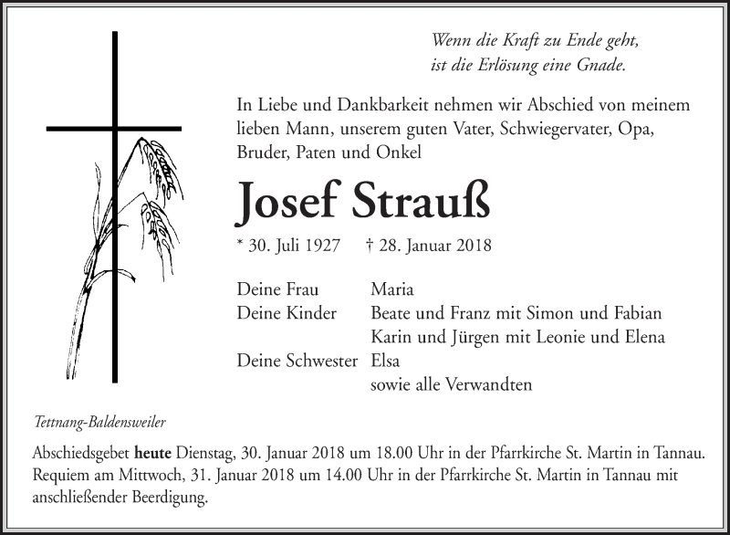 Traueranzeigen Von Josef Strauss Schwaebische De Trauerportal