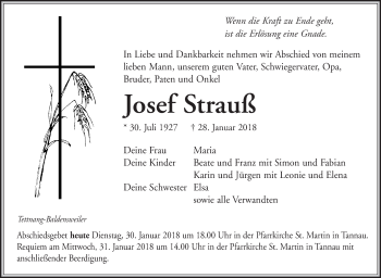 Anzeige von Josef Strauß von Schwäbische Zeitung