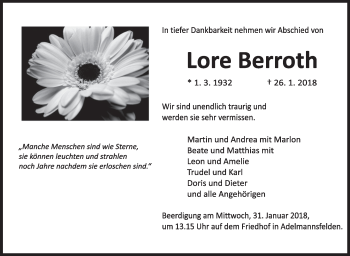 Anzeige von Lore Berroth von Schwäbische Zeitung