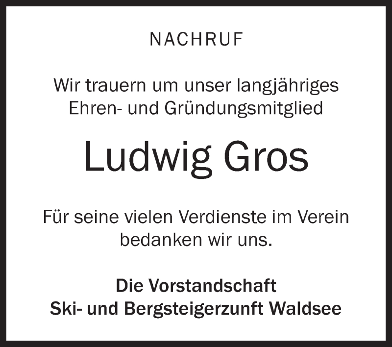  Traueranzeige für Ludwig Gros vom 20.01.2018 aus Schwäbische Zeitung
