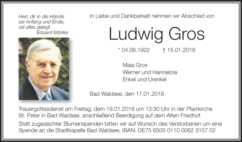  Traueranzeige für Ludwig Gros vom 17.01.2018 aus Schwäbische Zeitung