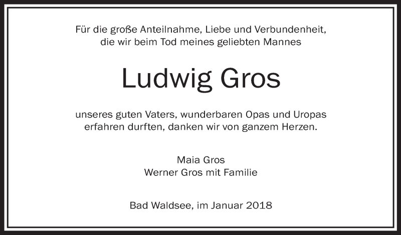  Traueranzeige für Ludwig Gros vom 26.01.2018 aus Schwäbische Zeitung