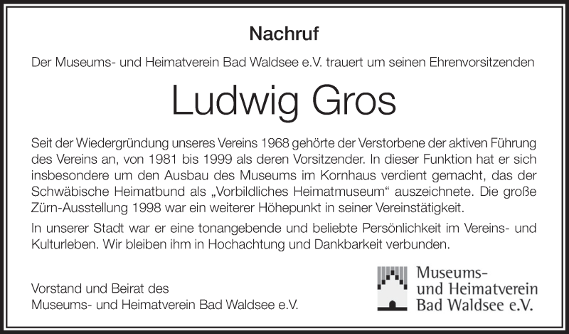  Traueranzeige für Ludwig Gros vom 18.01.2018 aus Schwäbische Zeitung