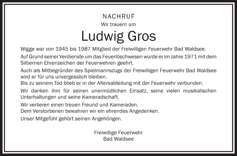  Traueranzeige für Ludwig Gros vom 19.01.2018 aus Schwäbische Zeitung