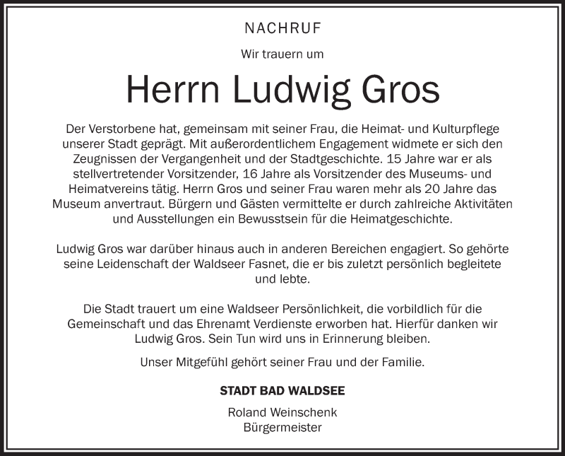  Traueranzeige für Ludwig Gros vom 20.01.2018 aus Schwäbische Zeitung