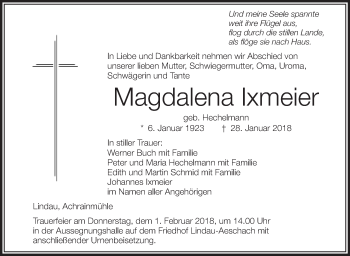 Anzeige von Magdalena Ixmeier von Schwäbische Zeitung