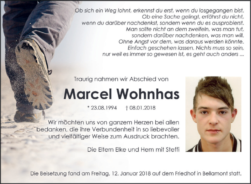  Traueranzeige für Marcel Wohnhas vom 15.01.2018 aus Schwäbische Zeitung