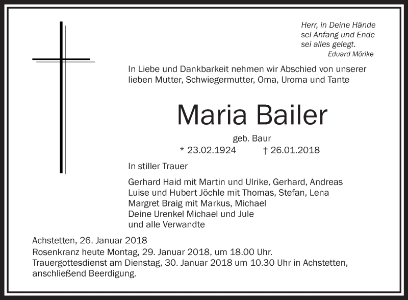  Traueranzeige für Maria Bailer vom 29.01.2018 aus Schwäbische Zeitung