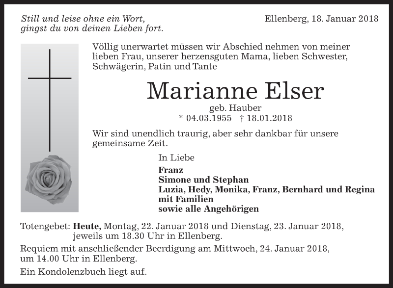  Traueranzeige für Marianne Elser vom 22.01.2018 aus Schwäbische Zeitung