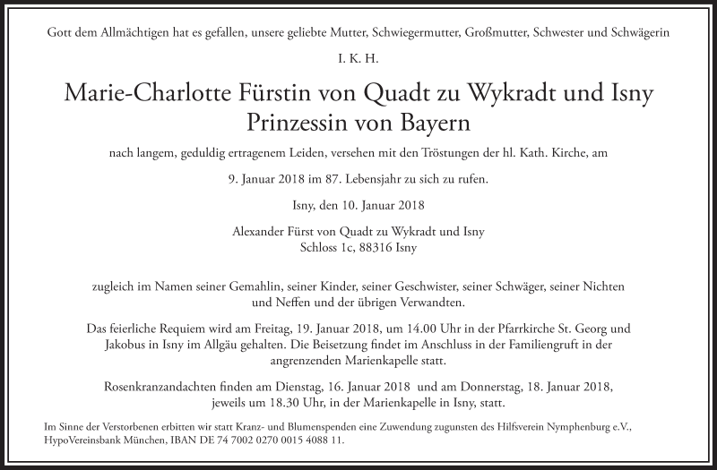 Traueranzeige Marie-Charlotte Fürstin von Quadt zu Wykradt und Isny Prinzessin von Bayern