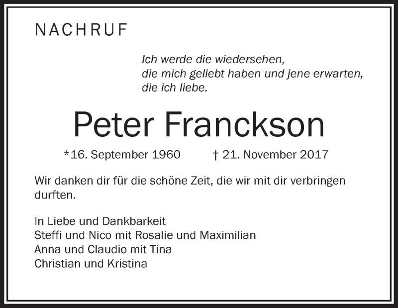  Traueranzeige für Peter Franckson vom 15.01.2018 aus Schwäbische Zeitung