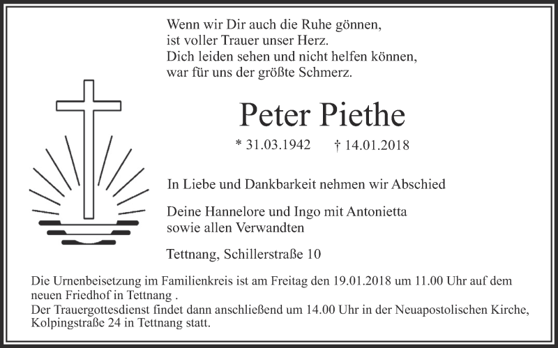  Traueranzeige für Peter Piethe vom 16.01.2018 aus Schwäbische Zeitung