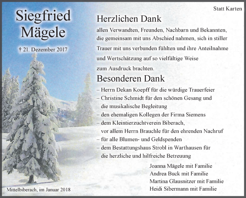  Traueranzeige für Siegfried Mägele vom 20.01.2018 aus Schwäbische Zeitung
