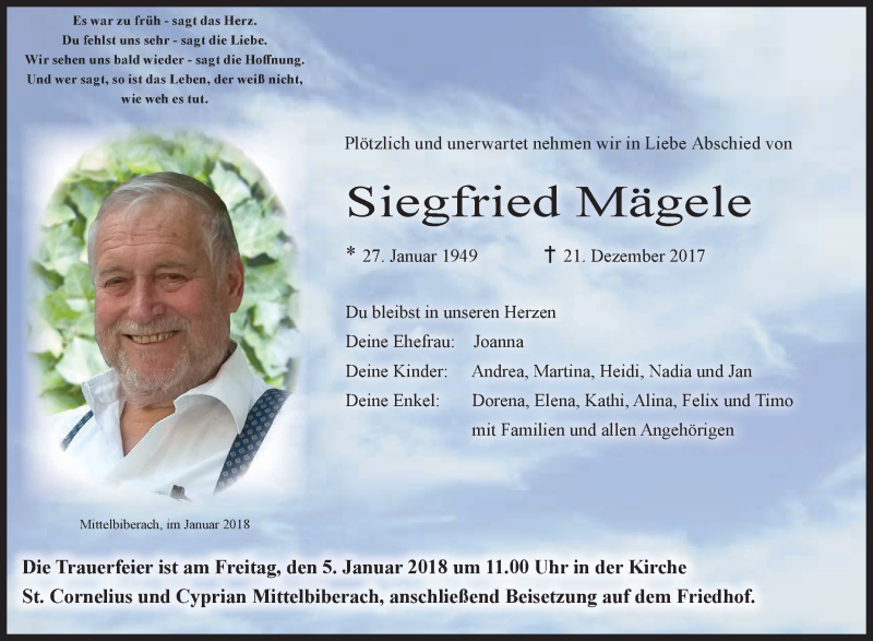  Traueranzeige für Siegfried Mägele vom 03.01.2018 aus Schwäbische Zeitung