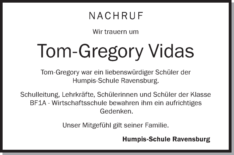  Traueranzeige für Tom-Gregory Vidas vom 30.01.2018 aus Schwäbische Zeitung