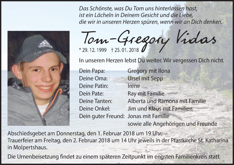  Traueranzeige für Tom-Gregory Vidas vom 29.01.2018 aus Schwäbische Zeitung