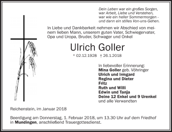 Anzeige von Ulrich Goller von Schwäbische Zeitung
