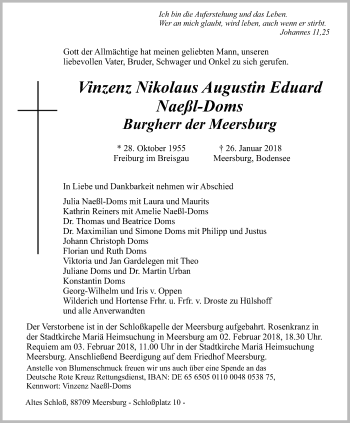 Anzeige von Vinzenz Nikolaus Augustin Eduard Naeßl-Doms Burgherr der Meersburg von Schwäbische Zeitung