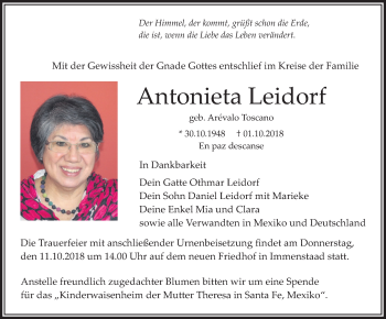 Anzeige von Antonieta Leidorf von Schwäbische Zeitung