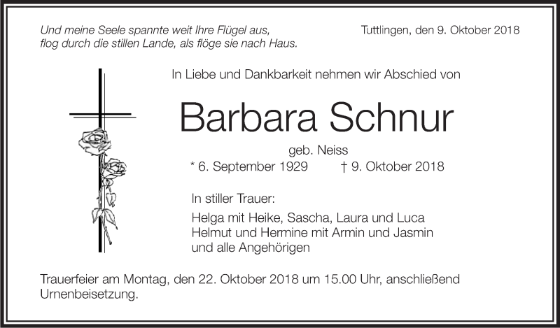 Traueranzeigen Von Barbara Schnur Schwaebischede Trauerportal