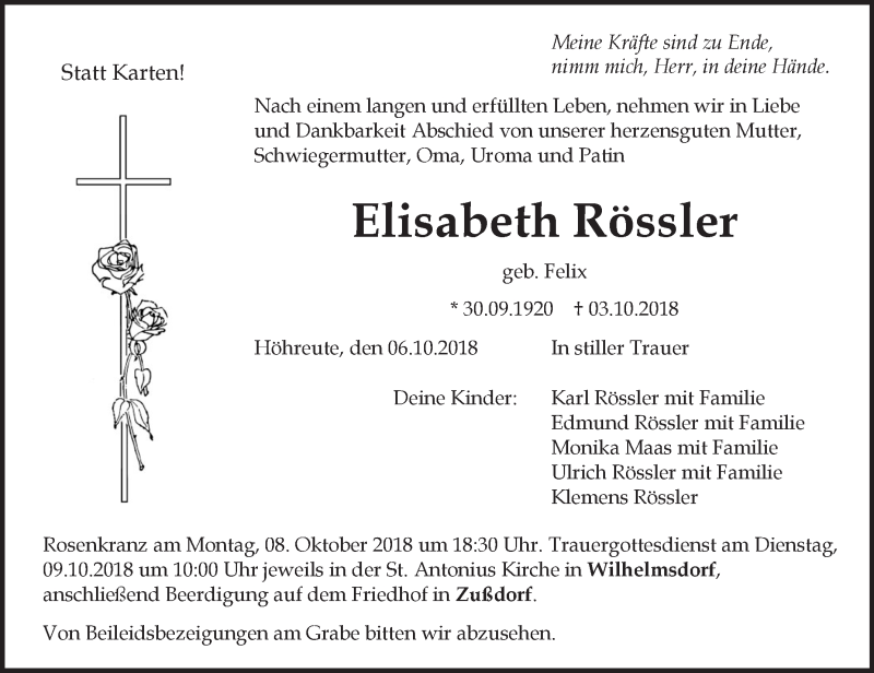 Traueranzeigen von Elisabeth Rössler | schwaebische.de Trauerportal