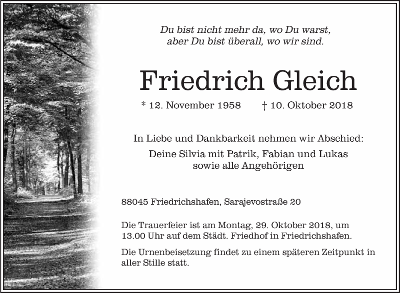  Traueranzeige für Friedrich Gleich vom 20.10.2018 aus Schwäbische Zeitung
