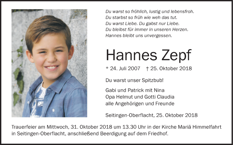  Traueranzeige für Hannes Zepf vom 29.10.2018 aus Schwäbische Zeitung