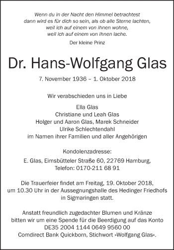 Anzeige von Hans-Wolfgang Glas von Schwäbische Zeitung