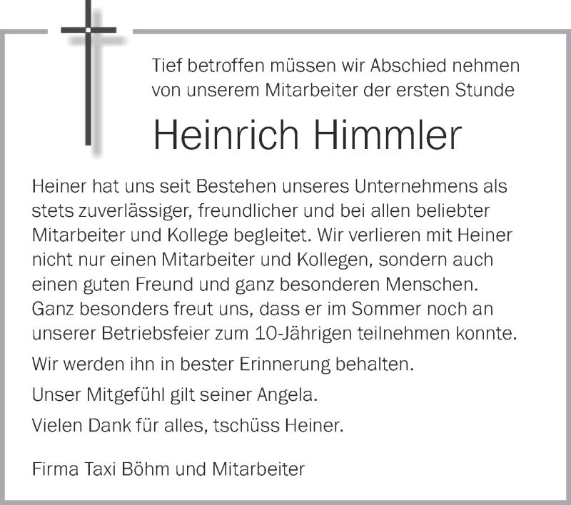  Traueranzeige für Heinrich Himmler vom 06.10.2018 aus Schwäbische Zeitung